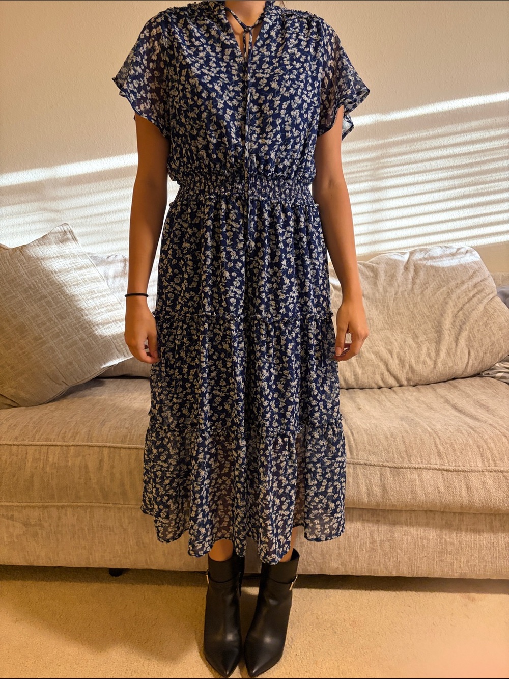 Melrose and Market Navy Blue Floral Tiered Midi Dress